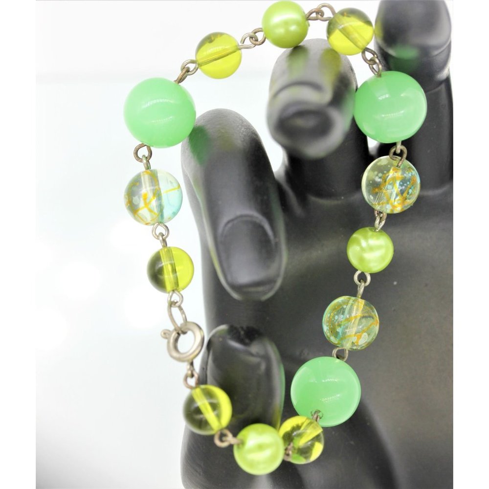 925 STERLING, jadite, pearl, art glass  bead bracelet 7" 16.8 grams